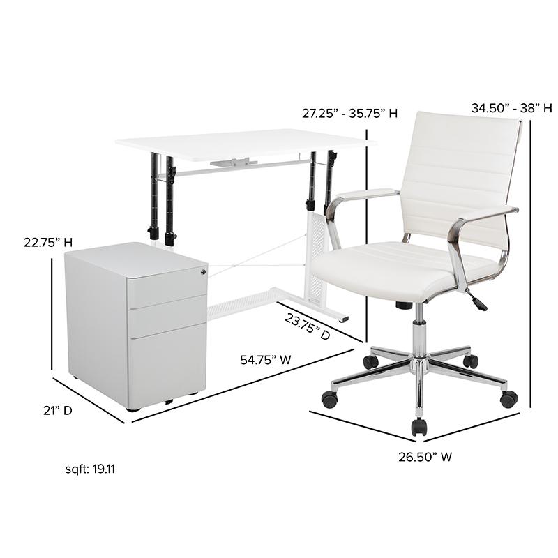Image of Work From Home Kit - White Adjustable Computer Desk, Leathersoft Office Chair And Side Handle Locking Mobile Filing Cabinet