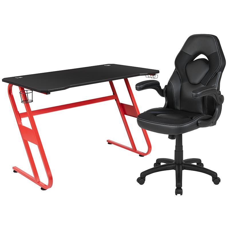 Image of Red Gaming Desk And Black Racing Chair Set With Cup Holder And Headphone Hook