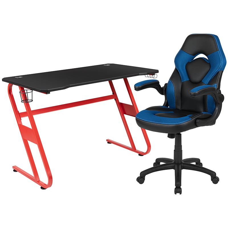 Image of Red Gaming Desk And Blue/Black Racing Chair Set With Cup Holder And Headphone Hook