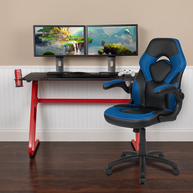 Red Gaming Desk And Blue/Black Racing Chair Set With Cup Holder And Headphone Hook