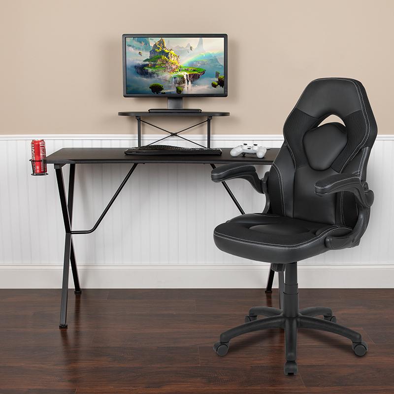 Black Gaming Desk And Black Racing Chair Set With Cup Holder, Headphone Hook, And Monitor/Smartphone Stand