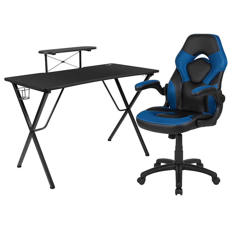 Image of Black Gaming Desk And Blue/Black Racing Chair Set With Cup Holder, Headphone Hook, And Monitor/Smartphone Stand