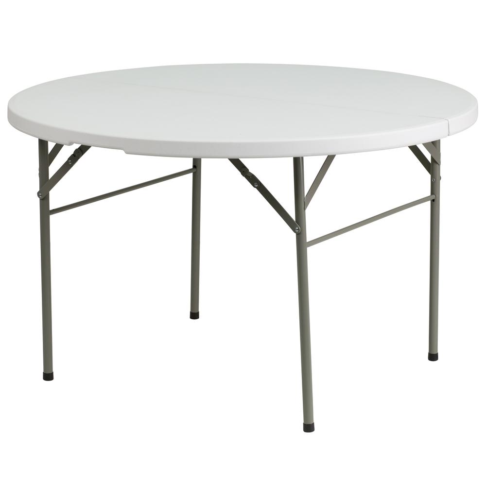 4-Foot Round Bi-Fold Granite White Plastic Folding Table with Carry Handle