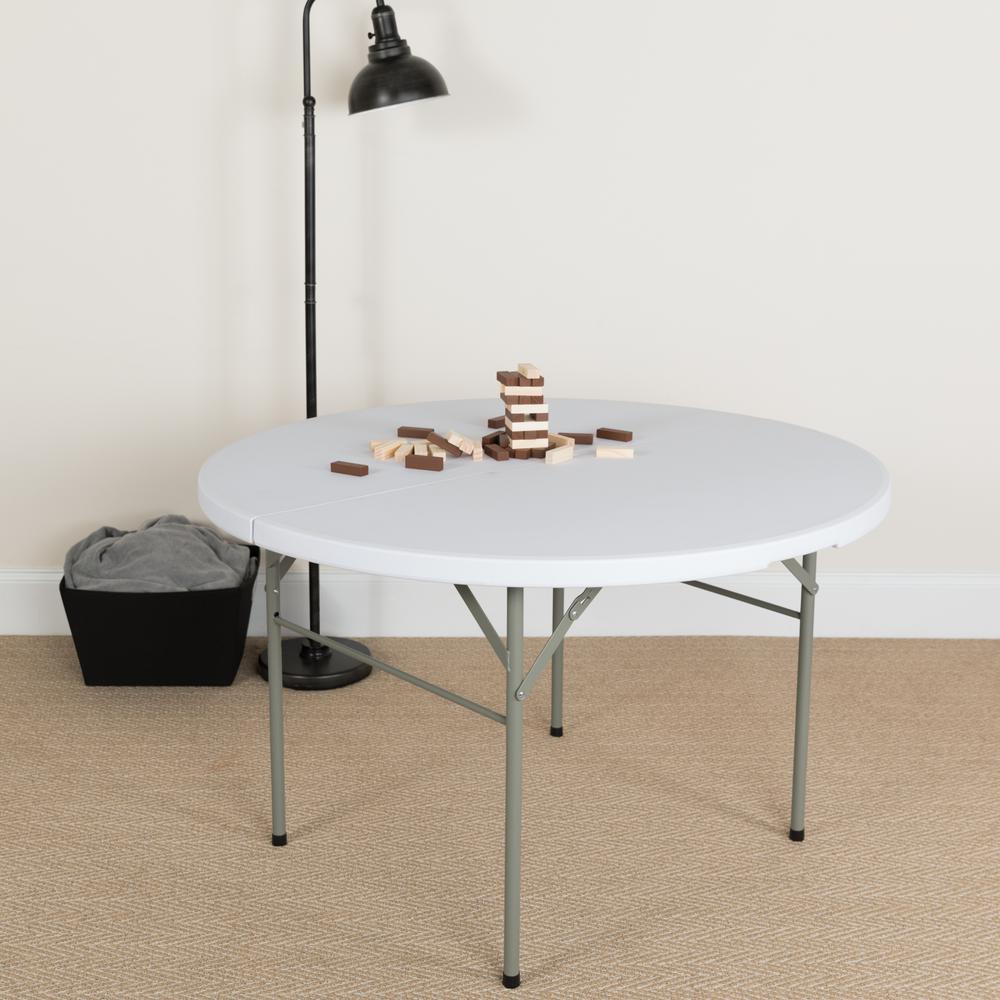 4-Foot Round Bi-Fold Granite White Plastic Folding Table with Carry Handle