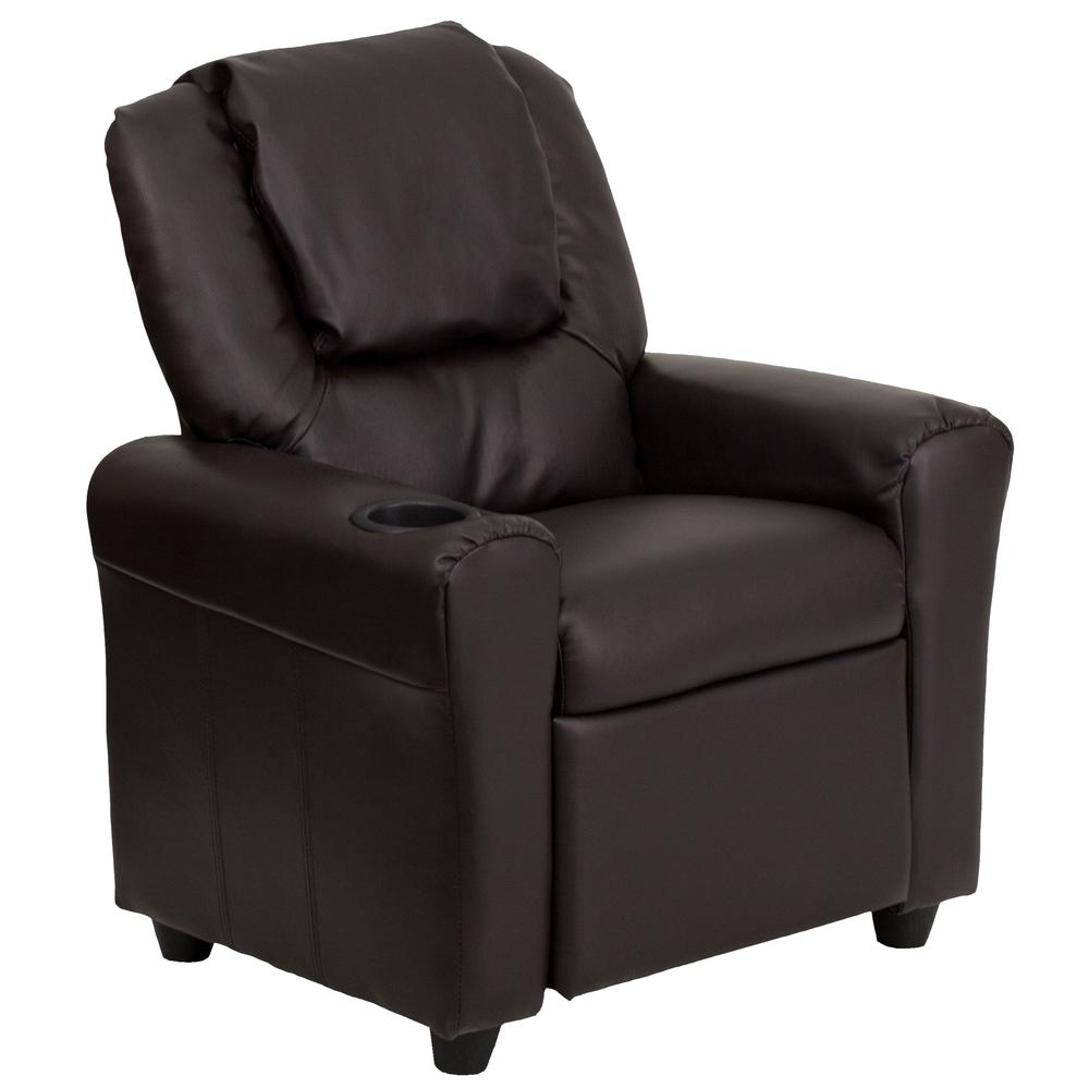 Brown LeatherSoft Kids Recliner with Cup Holder and Headrest