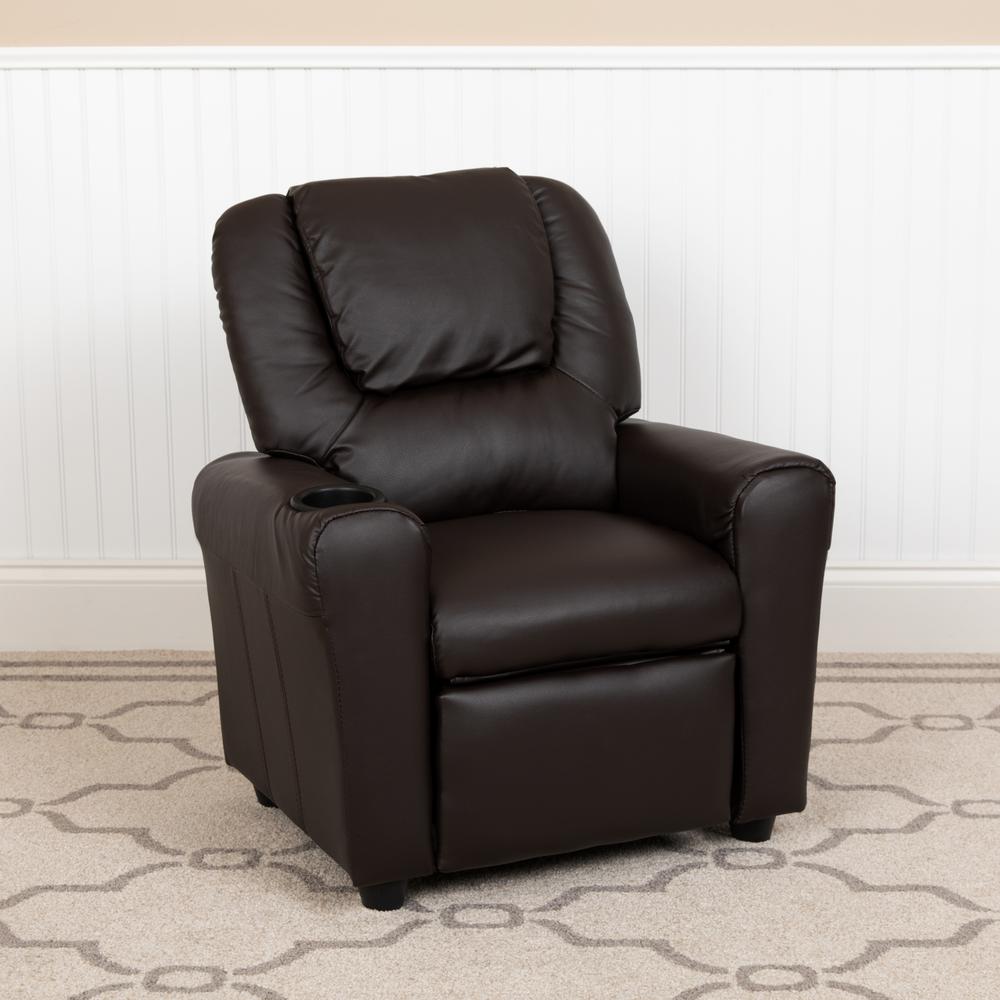 Brown LeatherSoft Kids Recliner with Cup Holder and Headrest