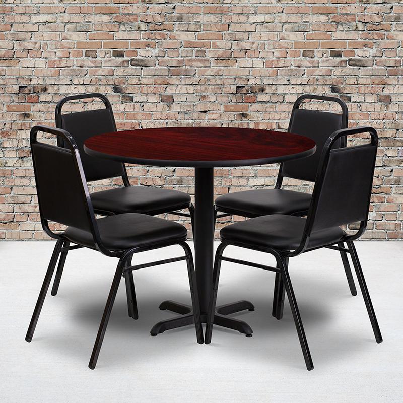 Image of 36'' Round Mahogany Laminate Table Set With X-Base And 4 Black Trapezoidal Back Banquet Chairs