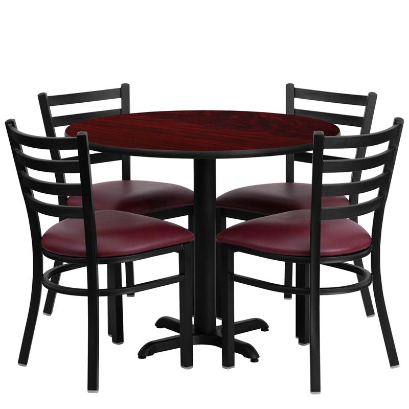 36'' Round Mahogany Laminate Table Set With X-Base And 4 Ladder Back Metal Chairs - Burgundy Vinyl Seat