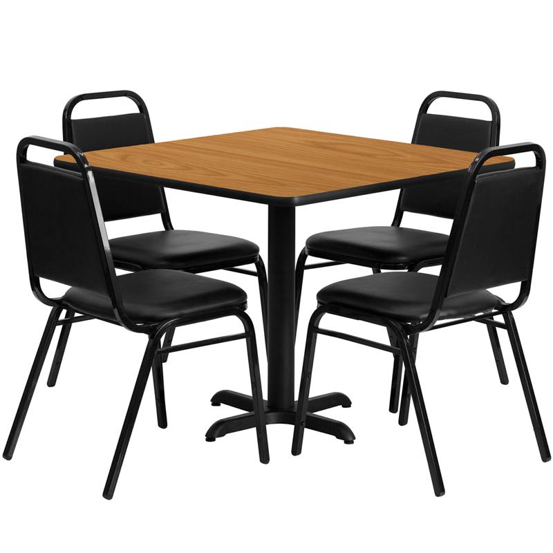 36- Square Table Set with X-Base and 4 Black Banquet Chairs