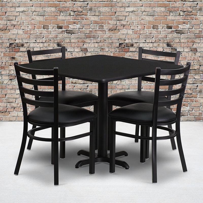 36- Square Table Set with X-Base and 4 Metal Chairs - Black Seat