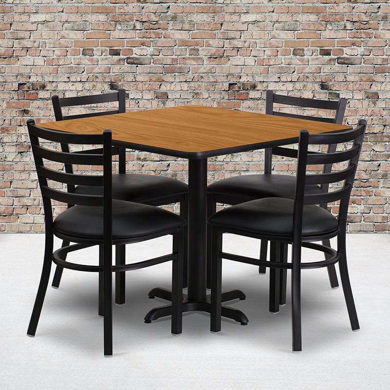 Image of 36'' Square Natural Laminate Table Set With X-Base And 4 Ladder Back Metal Chairs - Black Vinyl Seat