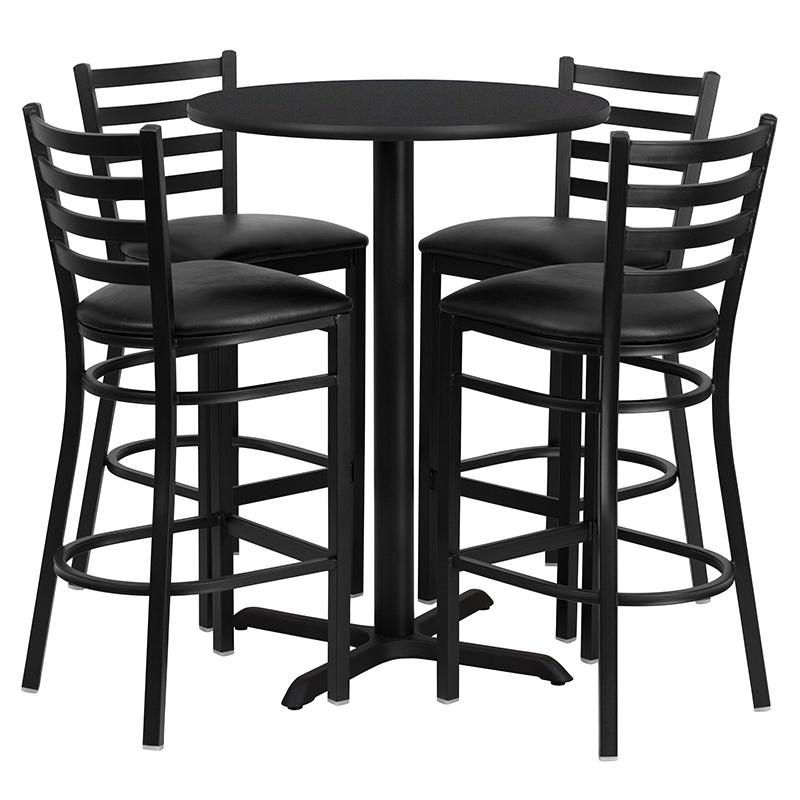 30'' Round Black Laminate Table Set With X-Base And 4 Ladder Back Metal Barstools - Black Vinyl Seat