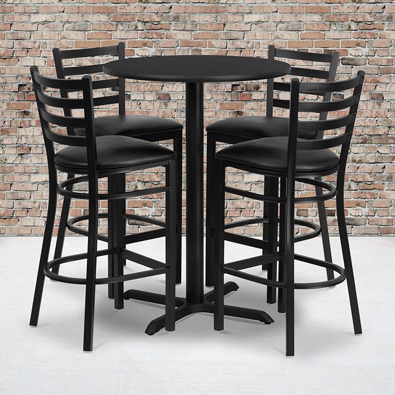 Image of 30'' Round Black Laminate Table Set With X-Base And 4 Ladder Back Metal Barstools - Black Vinyl Seat