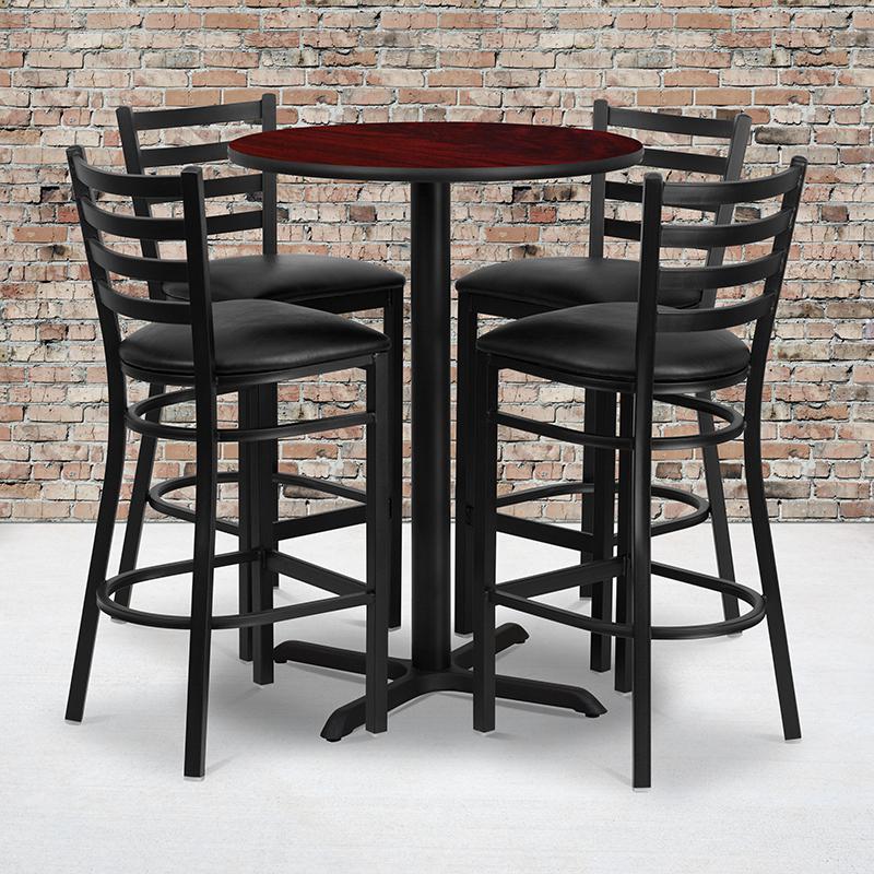 Image of 30'' Round Mahogany Laminate Table Set With X-Base And 4 Ladder Back Metal Barstools - Black Vinyl Seat