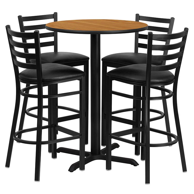 30- Round Table Set with X-Base and 4 Metal Barstools - Black Seat