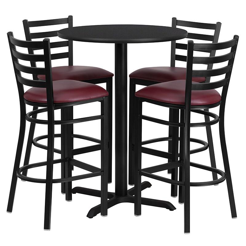 30'' Round Black Laminate Table Set With X-Base And 4 Ladder Back Metal Barstools - Burgundy Vinyl Seat