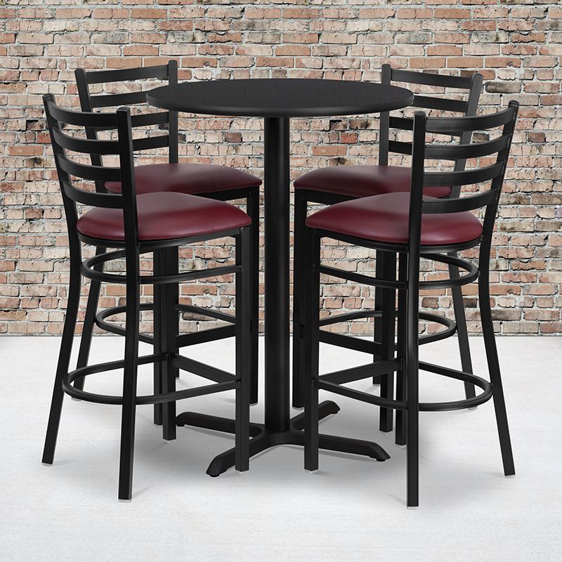 Image of 30'' Round Black Laminate Table Set With X-Base And 4 Ladder Back Metal Barstools - Burgundy Vinyl Seat