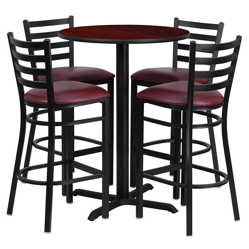 30'' Round Mahogany Laminate Table Set With X-Base And 4 Ladder Back Metal Barstools - Burgundy Vinyl Seat