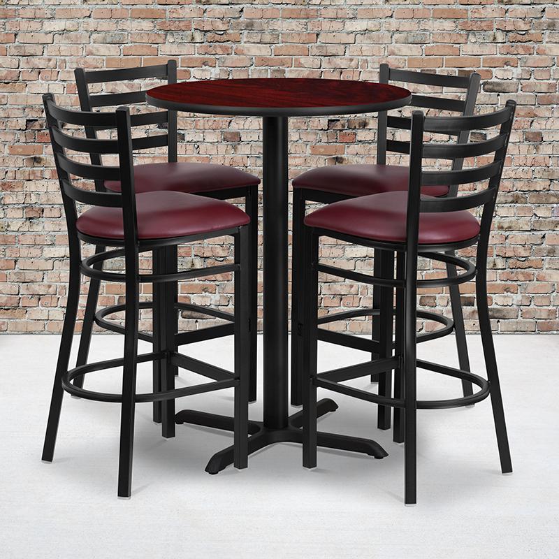 Image of 30'' Round Mahogany Laminate Table Set With X-Base And 4 Ladder Back Metal Barstools - Burgundy Vinyl Seat