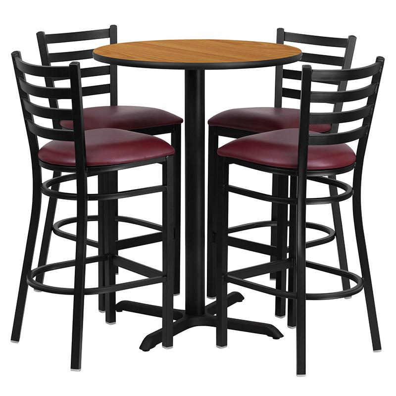 30- Round Table Set with X-Base and 4 Barstools - Burgundy Seat