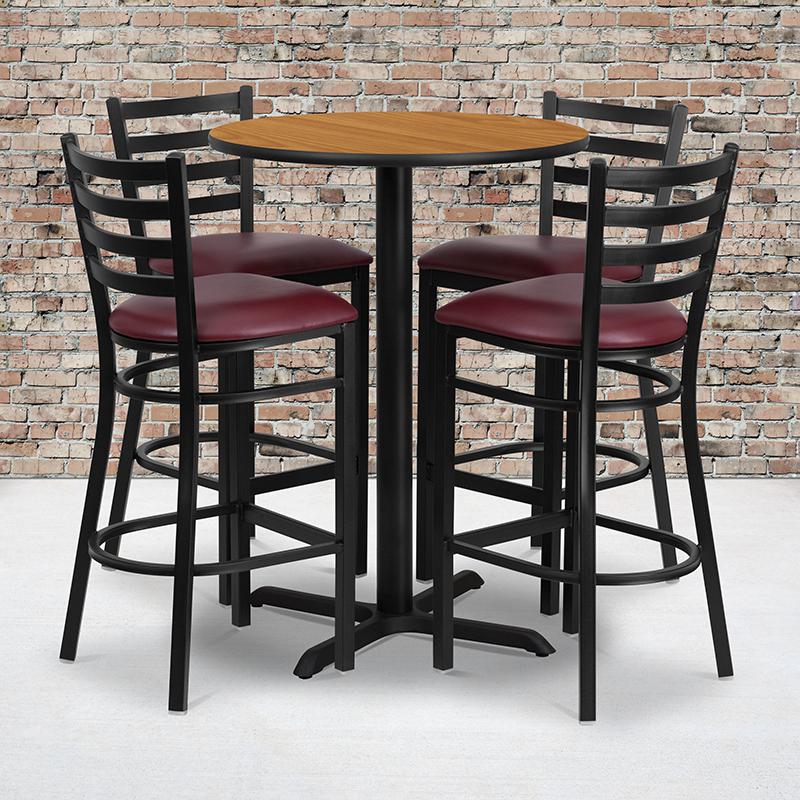 30- Round Table Set with X-Base and 4 Barstools - Burgundy Seat