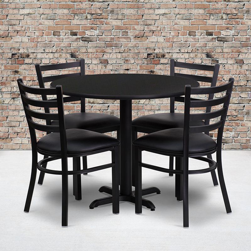 36- Round Table Set with X-Base and 4 Metal Chairs - Black Vinyl Seat