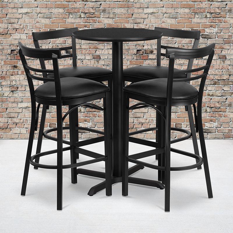 24- Round Black Laminate Table Set with X-Base and 4 Metal Barstools - Black Vinyl Seat