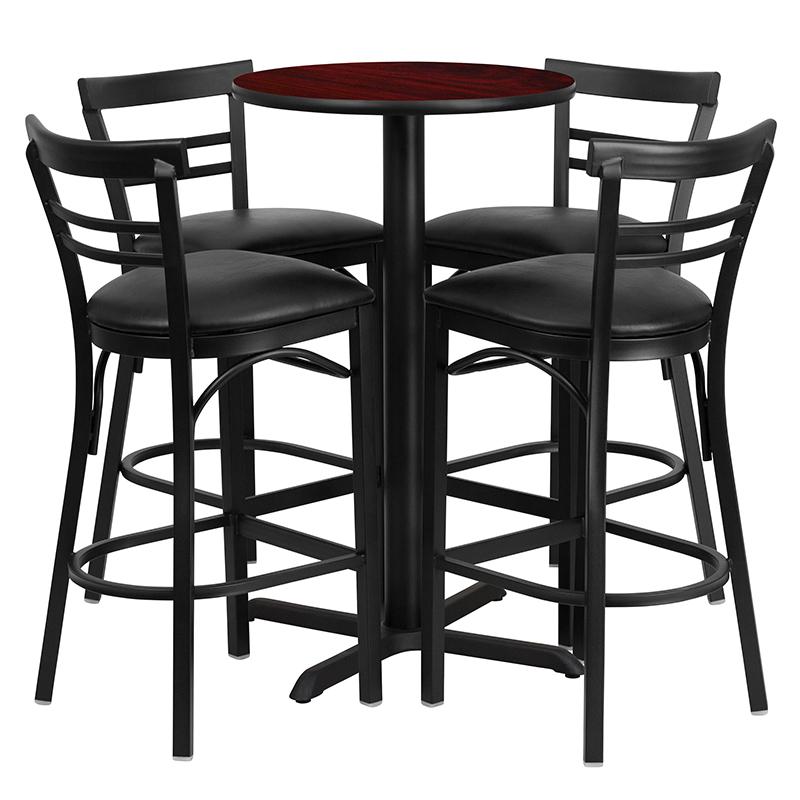 24- Round Table Set with X-Base and 4 Metal Barstools - Black Vinyl Seat