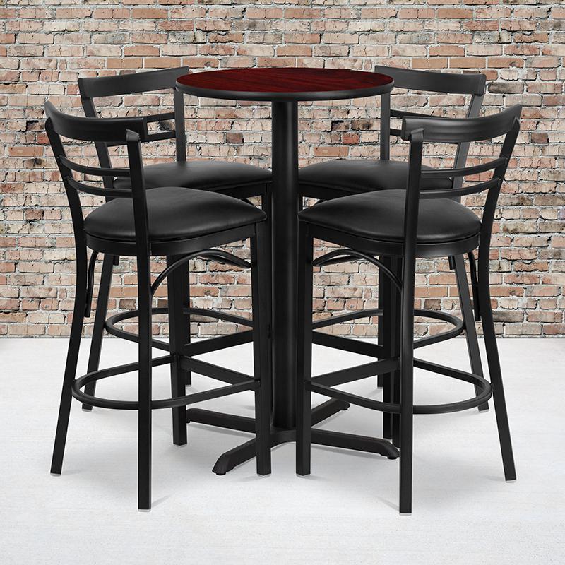 24- Round Table Set with X-Base and 4 Metal Barstools - Black Vinyl Seat