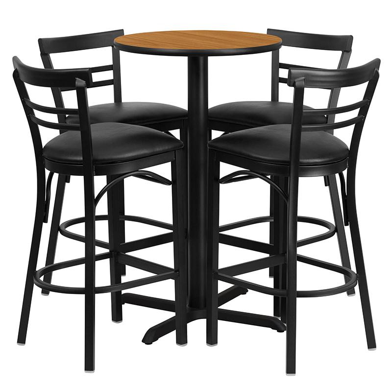24- Round Laminate Table Set with X-Base and 4 Metal Barstools - Black Vinyl Seat