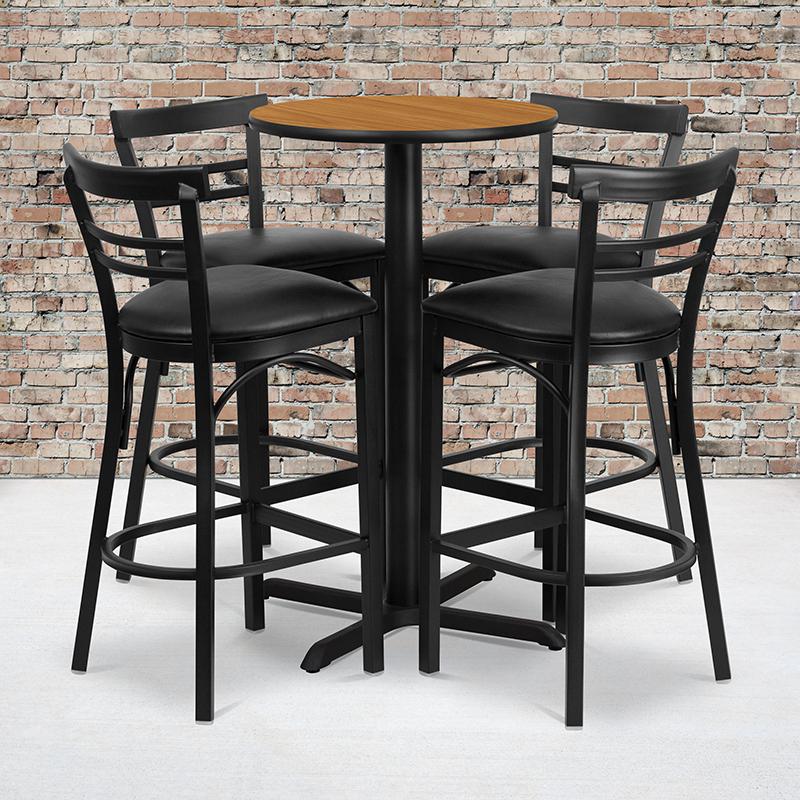 24- Round Laminate Table Set with X-Base and 4 Metal Barstools - Black Vinyl Seat