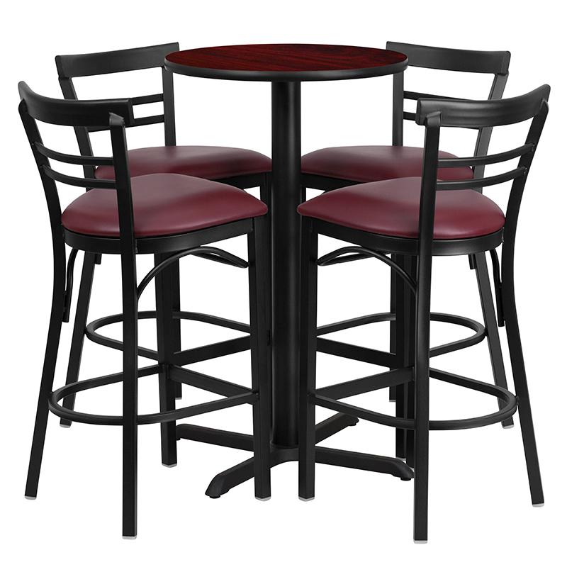 24- Round Table Set with X-Base and 4 Metal Barstools - Burgundy Vinyl Seat