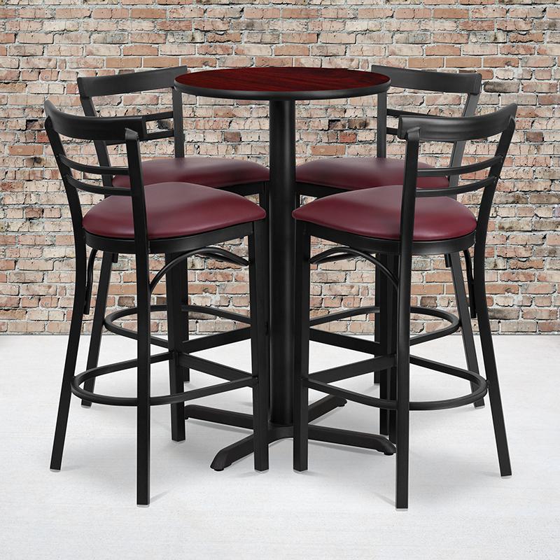 24- Round Table Set with X-Base and 4 Metal Barstools - Burgundy Vinyl Seat