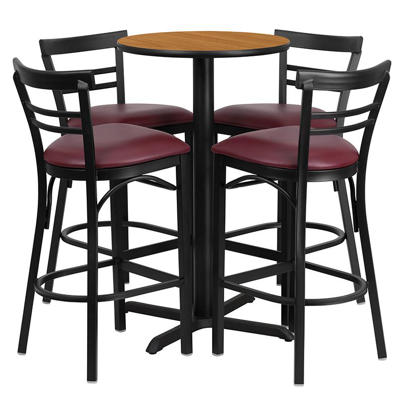 24- Round Laminate Table Set with X-Base and 4 Metal Barstools - Burgundy Vinyl Seat