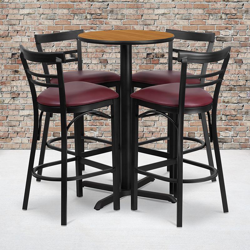 24- Round Laminate Table Set with X-Base and 4 Metal Barstools - Burgundy Vinyl Seat