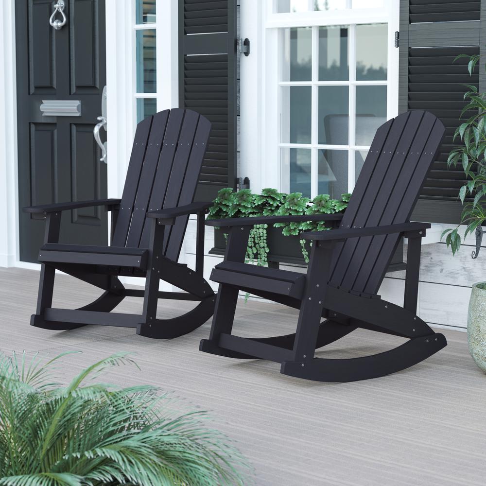 Savannah All-Weather Poly Resin Wood Adirondack Rocking Chair - Set of 2, Black, with Rust Resistant Stainless Steel Hardware