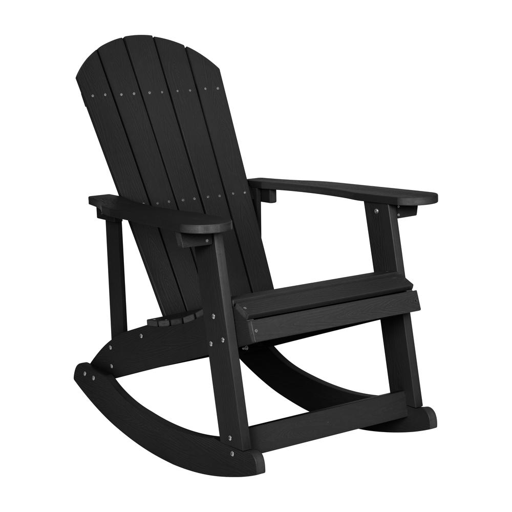 This is the image of Savannah All-Weather Poly Resin Wood Adirondack Rocking Chair - Black, with Rust Resistant Stainless Steel Hardware