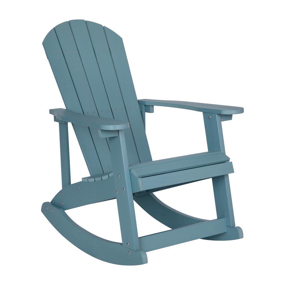 This is the image of Savannah All-Weather Poly Resin Wood Adirondack Rocking Chair - Sea Foam, with Rust-Resistant Stainless Steel Hardware