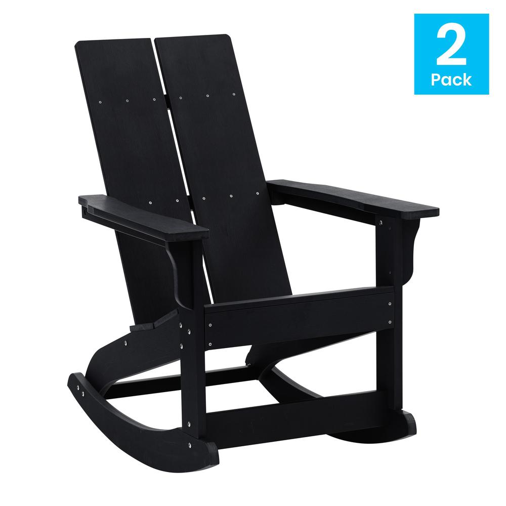 This is the image of Finn Modern All-Weather 2-Slat Poly Resin Rocking Adirondack Chair - Set of 2, Black, with Rust Resistant Stainless Steel Hardware