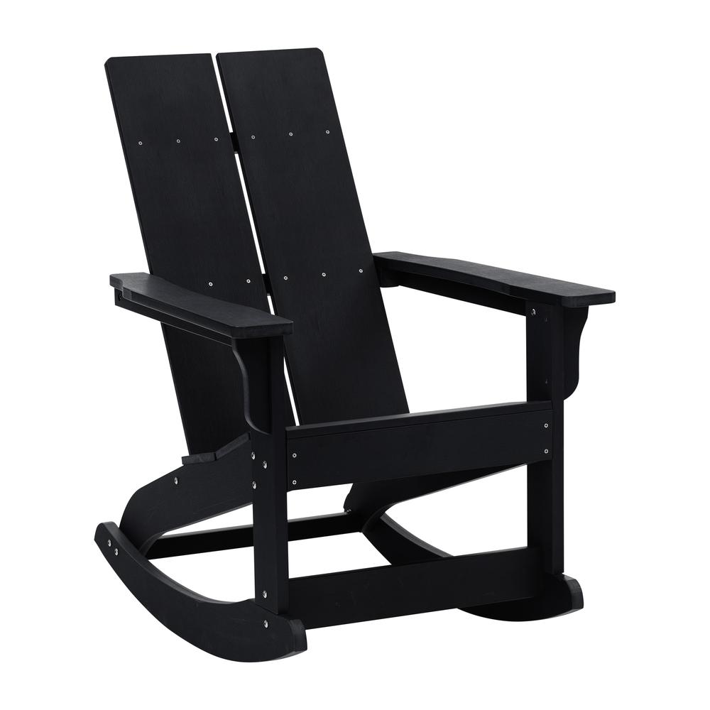 This is the image of Finn Modern All-Weather Rocking Adirondack Chair - 2-Slat Poly Resin Wood - Rust Resistant Stainless Steel Hardware - Black