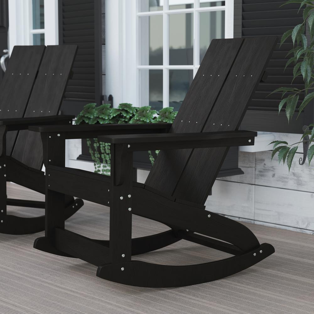 Finn Modern All-Weather Rocking Adirondack Chair - 2-Slat Poly Resin Wood - Rust Resistant Stainless Steel Hardware - Black