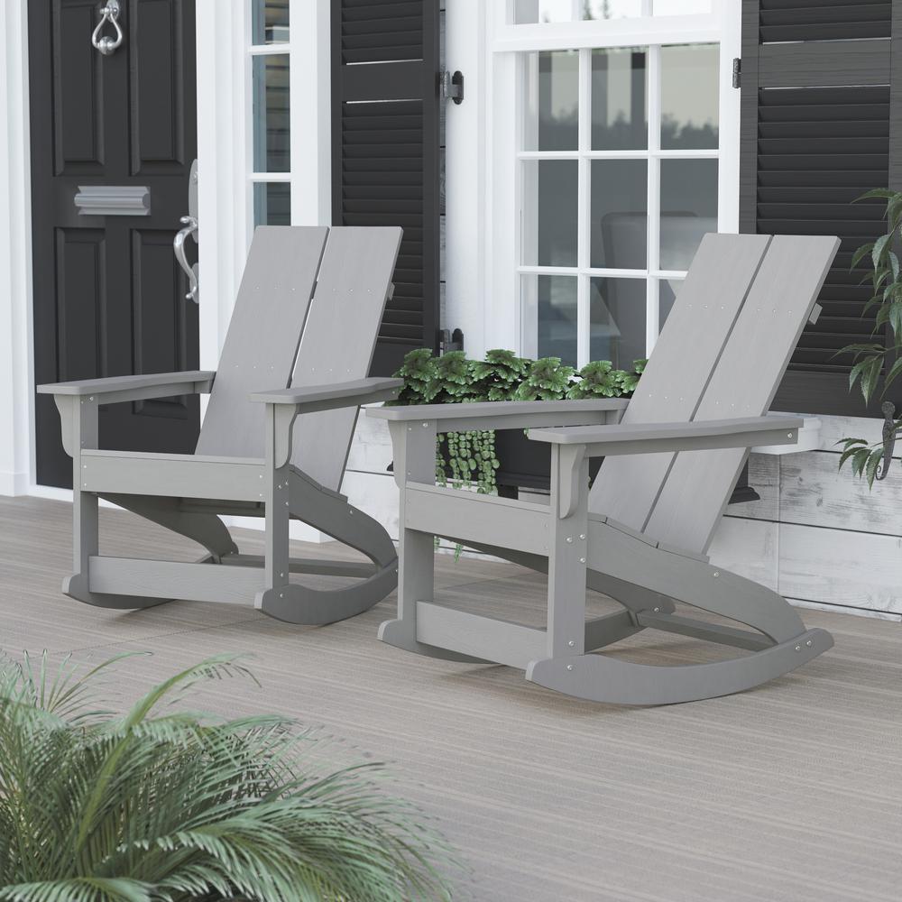Finn Modern All-Weather 2-Slat Poly Resin Rocking Adirondack Chair - Set of 2, Gray, with Rust Resistant Stainless Steel Hardware