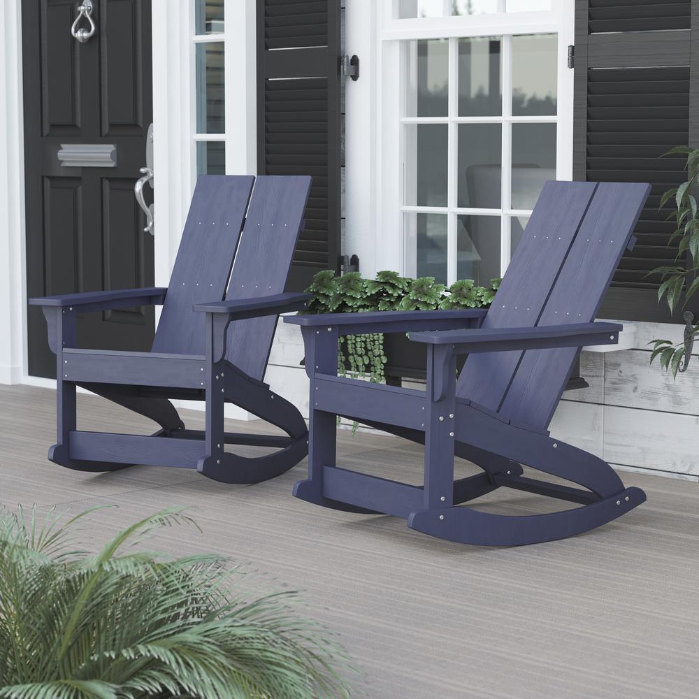 Finn Modern All-Weather 2-Slat Poly Resin Rocking Adirondack Chair in Navy - Set of 2 with Rust Resistant Stainless Steel Hardware