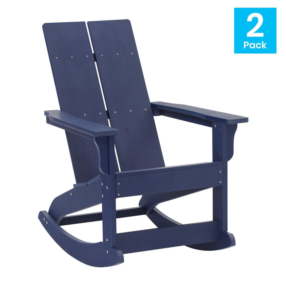 This is the image of Finn Modern All-Weather 2-Slat Poly Resin Rocking Adirondack Chair in Navy - Set of 2 with Rust Resistant Stainless Steel Hardware
