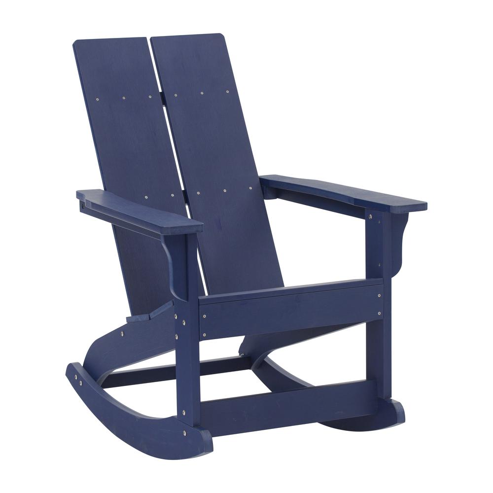 This is the image of Finn Modern All-Weather Rocking Adirondack Chair in Navy - 2-Slat Poly Resin Wood, Rust Resistant Stainless Steel Hardware