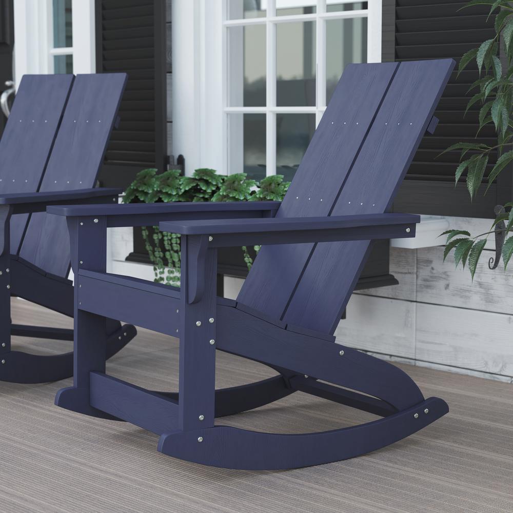 Finn Modern All-Weather Rocking Adirondack Chair in Navy - 2-Slat Poly Resin Wood, Rust Resistant Stainless Steel Hardware