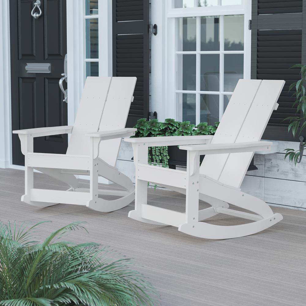 Finn Modern All-Weather Rocking Adirondack Chair - Set of 2, White, Poly Resin, Rust Resistant Stainless Steel Hardware