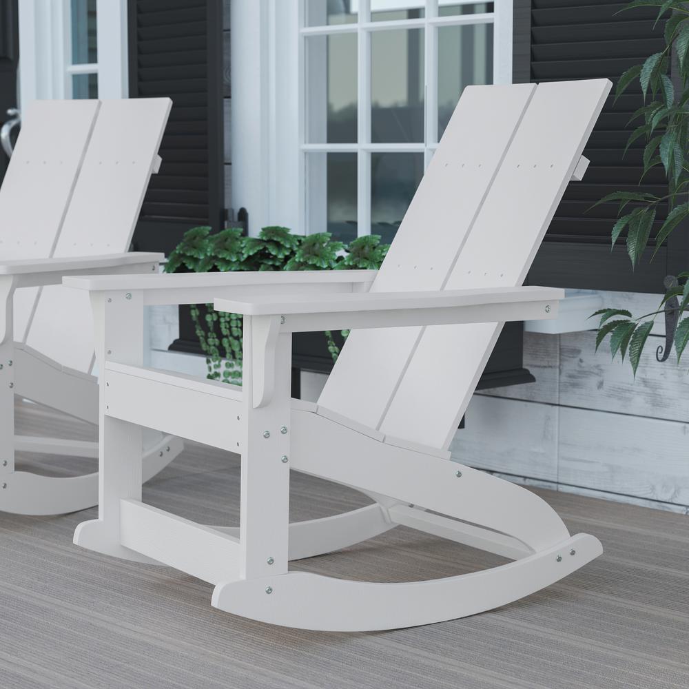 Finn Modern All-Weather Rocking Adirondack Chair - White, 2-Slat Poly Resin Wood, Rust Resistant Stainless Steel Hardware