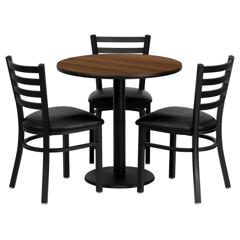 30- Round Walnut Laminate Table Set with 3 Metal Chairs - Black Seat