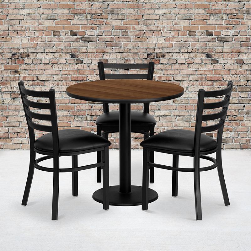 30- Round Walnut Laminate Table Set with 3 Metal Chairs - Black Seat